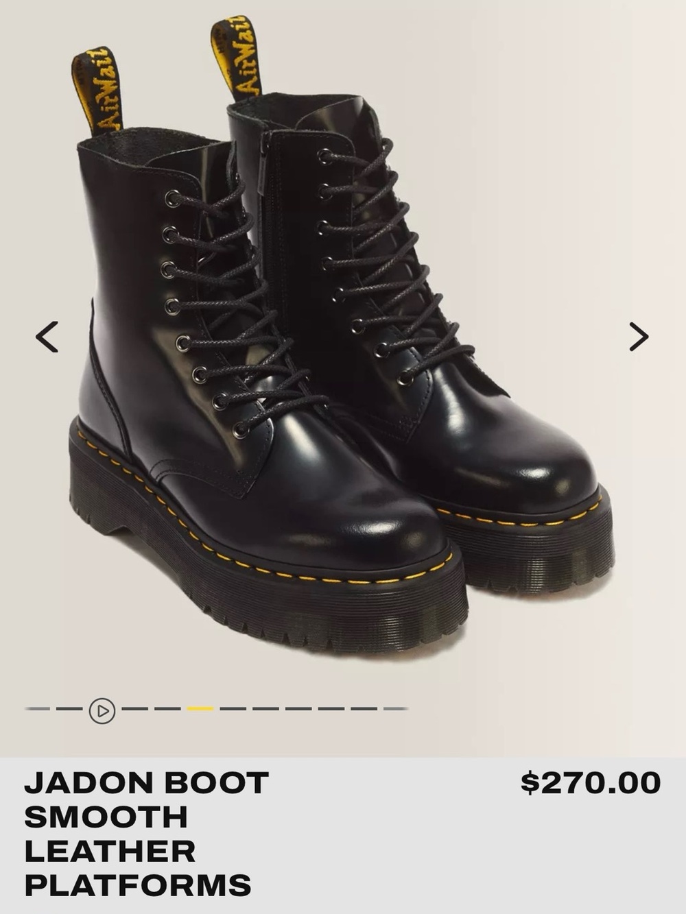Dr. Martens Black Smooth Leather Platform Lace-Up Boots with Yellow Stitching